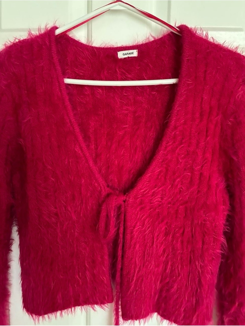 Garage Hot Pink Fuzzy Front Tie Crop Cardigan Medium
